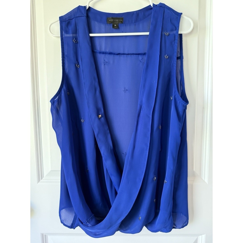Worthington Women's Studded Blouse XL Blue Draped Sleeveless Metallic‎ Evening